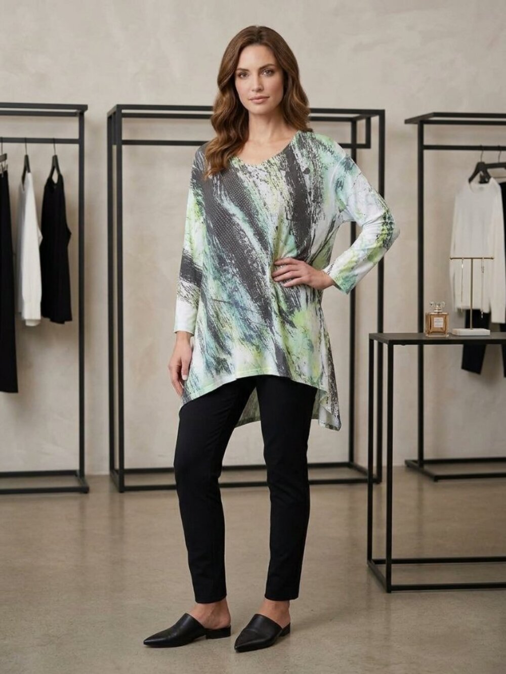 Abstract Green & Gray Flowing Semi Sheer Top